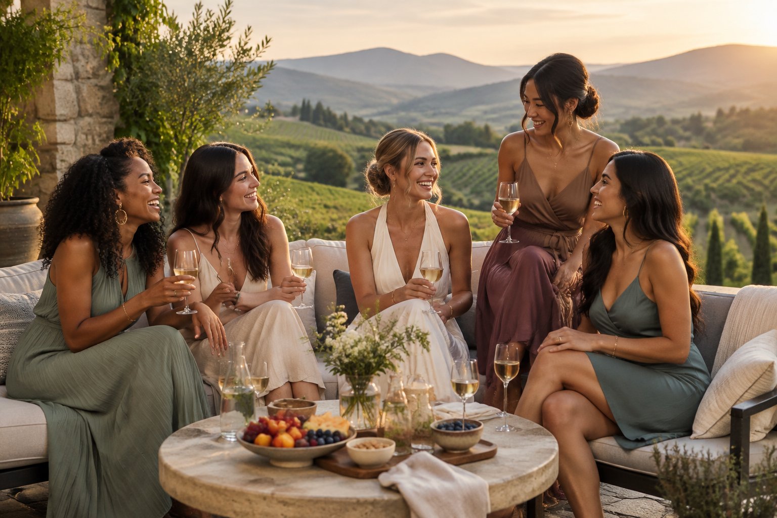 A group of women relaxing at a luxury wellness resort terrace overlooking vineyards and scenic hills.