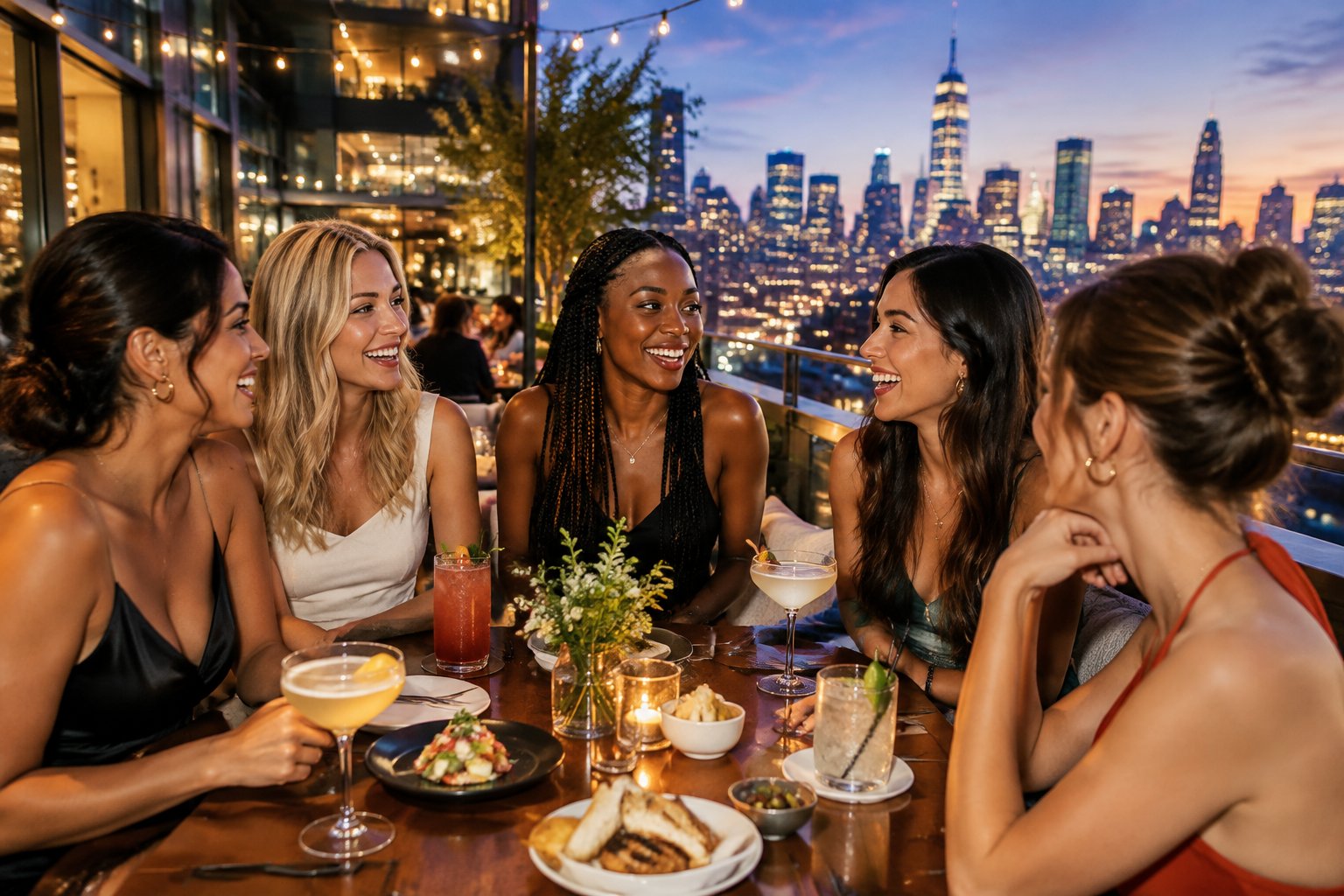 A group of friends enjoying dinner and city nightlife on a lively rooftop in the evening.