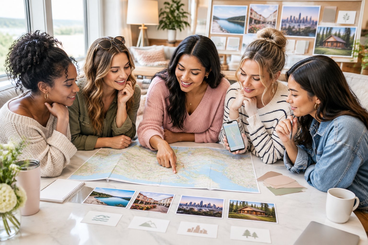 A group of friends compares maps and travel options while planning a Midwest bachelorette party destination.