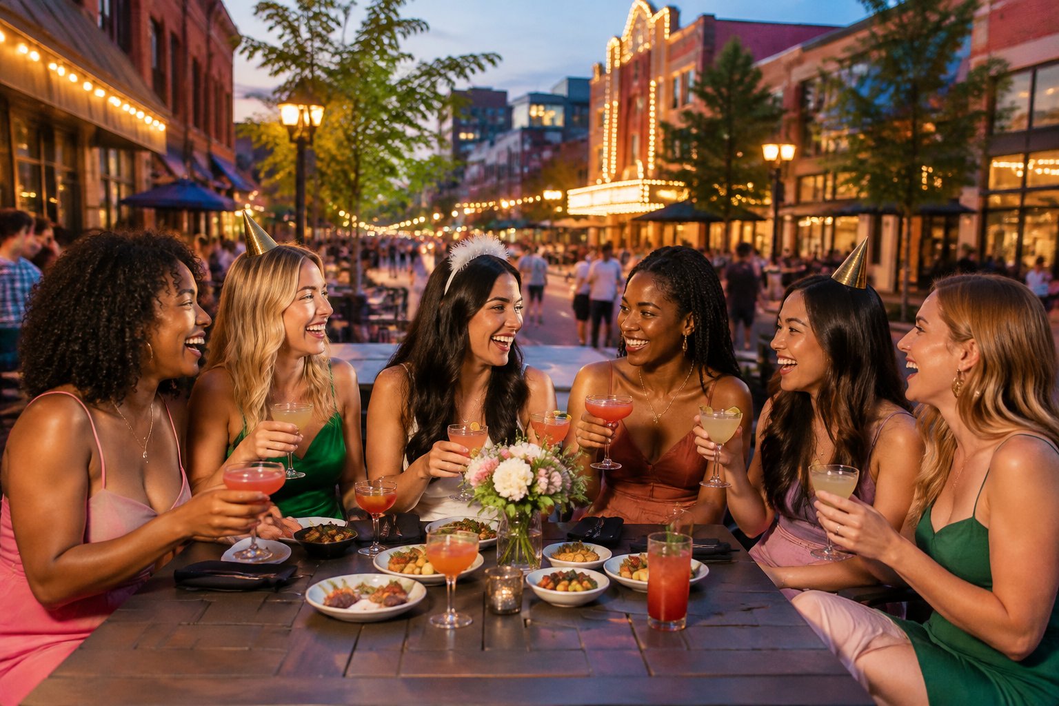 A group of women celebrating together at an outdoor restaurant in a lively Midwestern city nightlife district.