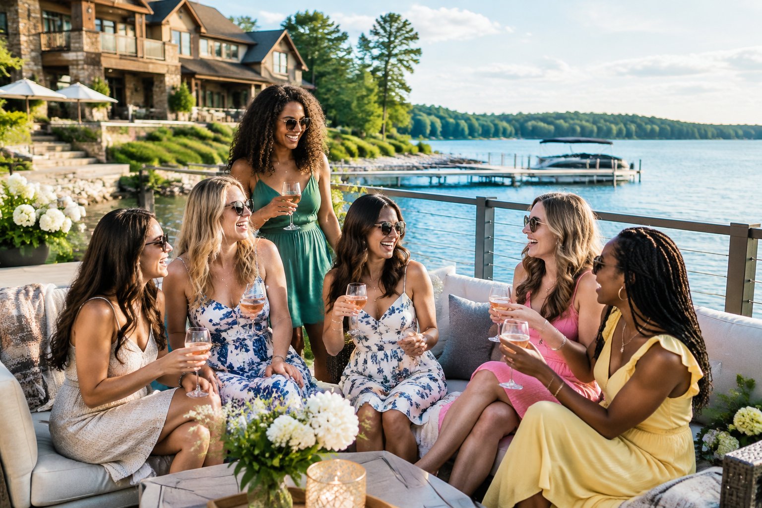 A group of women celebrating together on the deck of a lakeside resort.