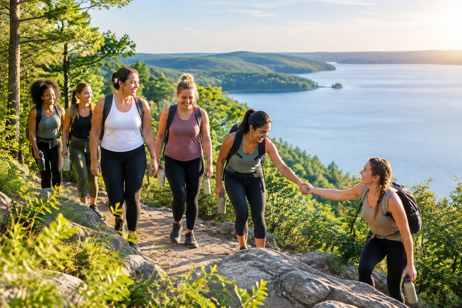 A group of women hiking together on a scenic forest trail beside a lake.
