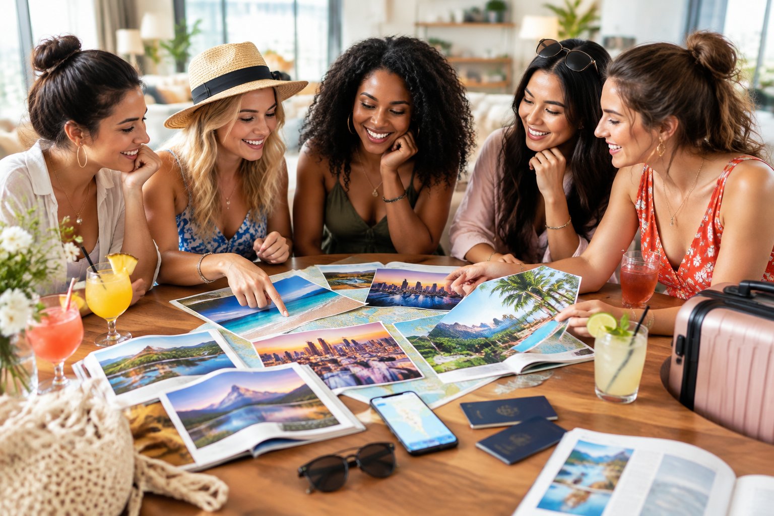 A group of friends compares getaway options around a table while planning a bachelorette trip.