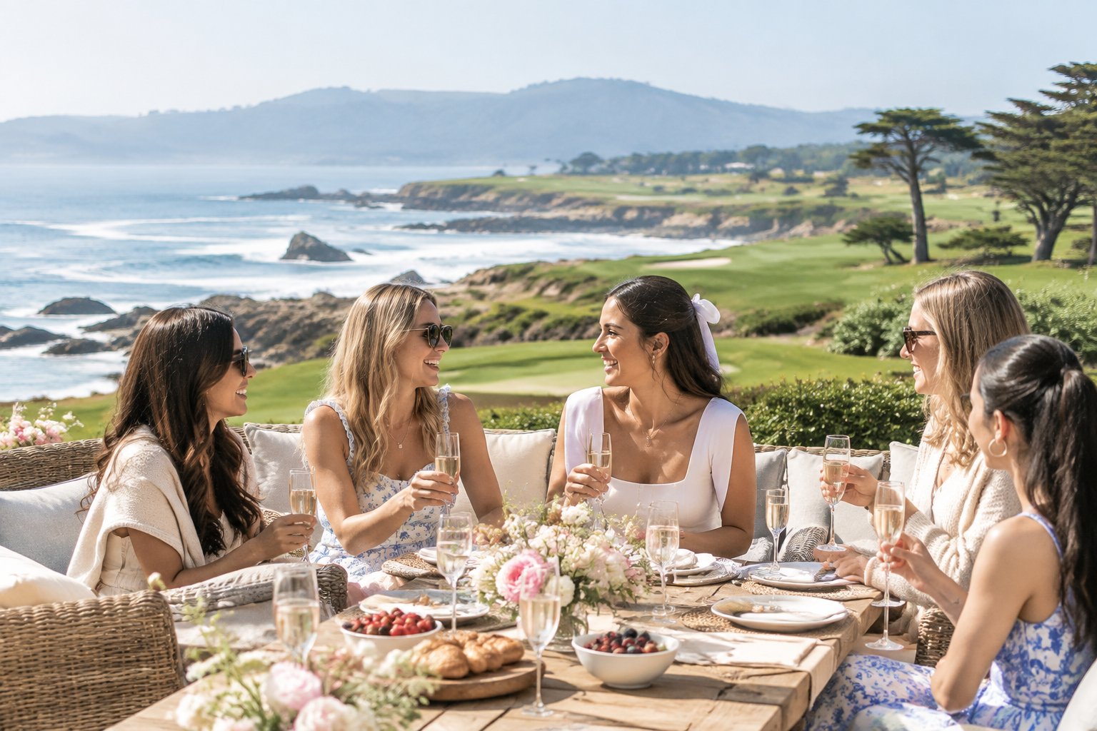 Friends celebrate a bachelorette weekend on a sunny terrace overlooking the Pebble Beach coastline.