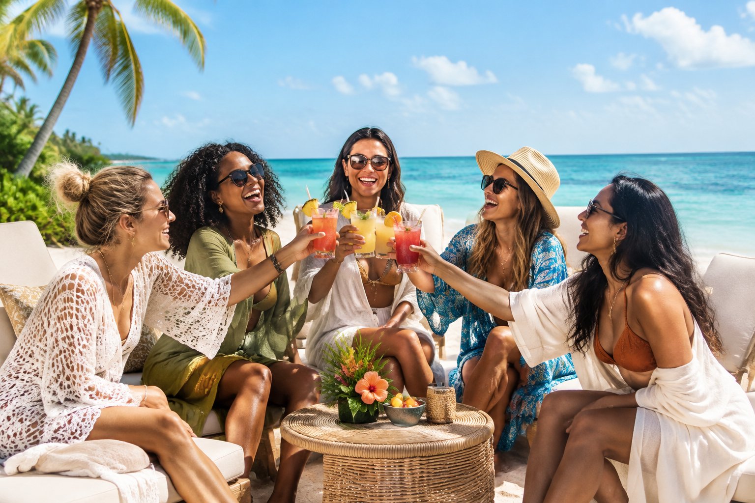 A group of women friends celebrating with drinks on a sunny tropical beach.