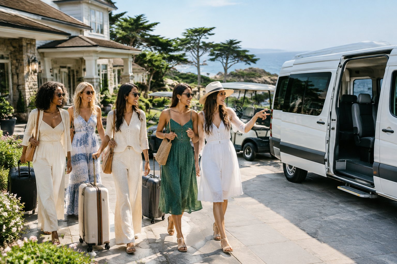 A group of women arrives at a coastal resort with luggage beside a shuttle vehicle.