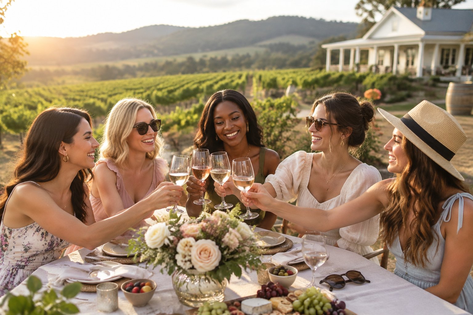 A group of women friends raise wine glasses together at a vineyard table overlooking rolling hills.