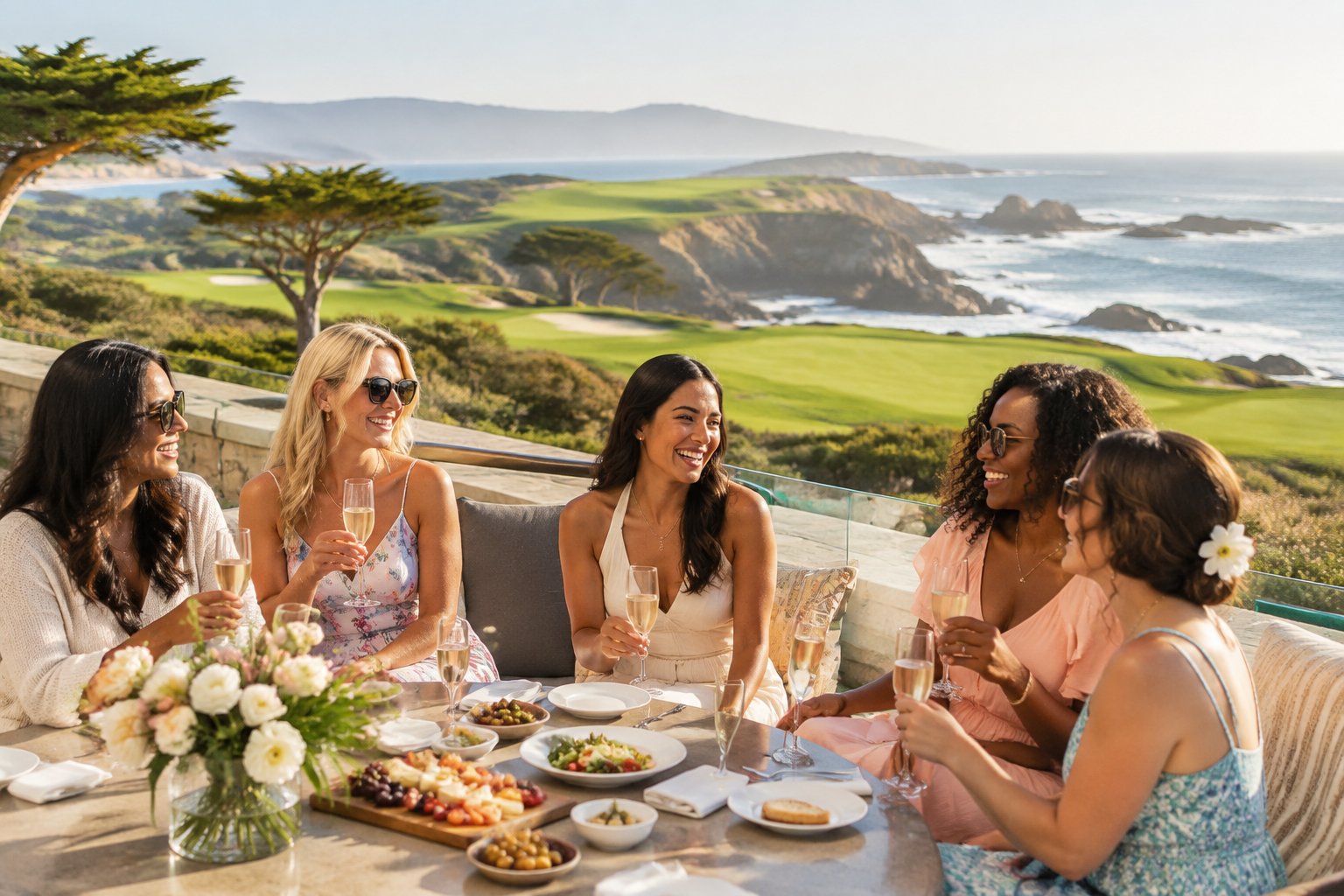 A group of friends enjoying a relaxed celebration on a luxury terrace overlooking the Pebble Beach coastline.
