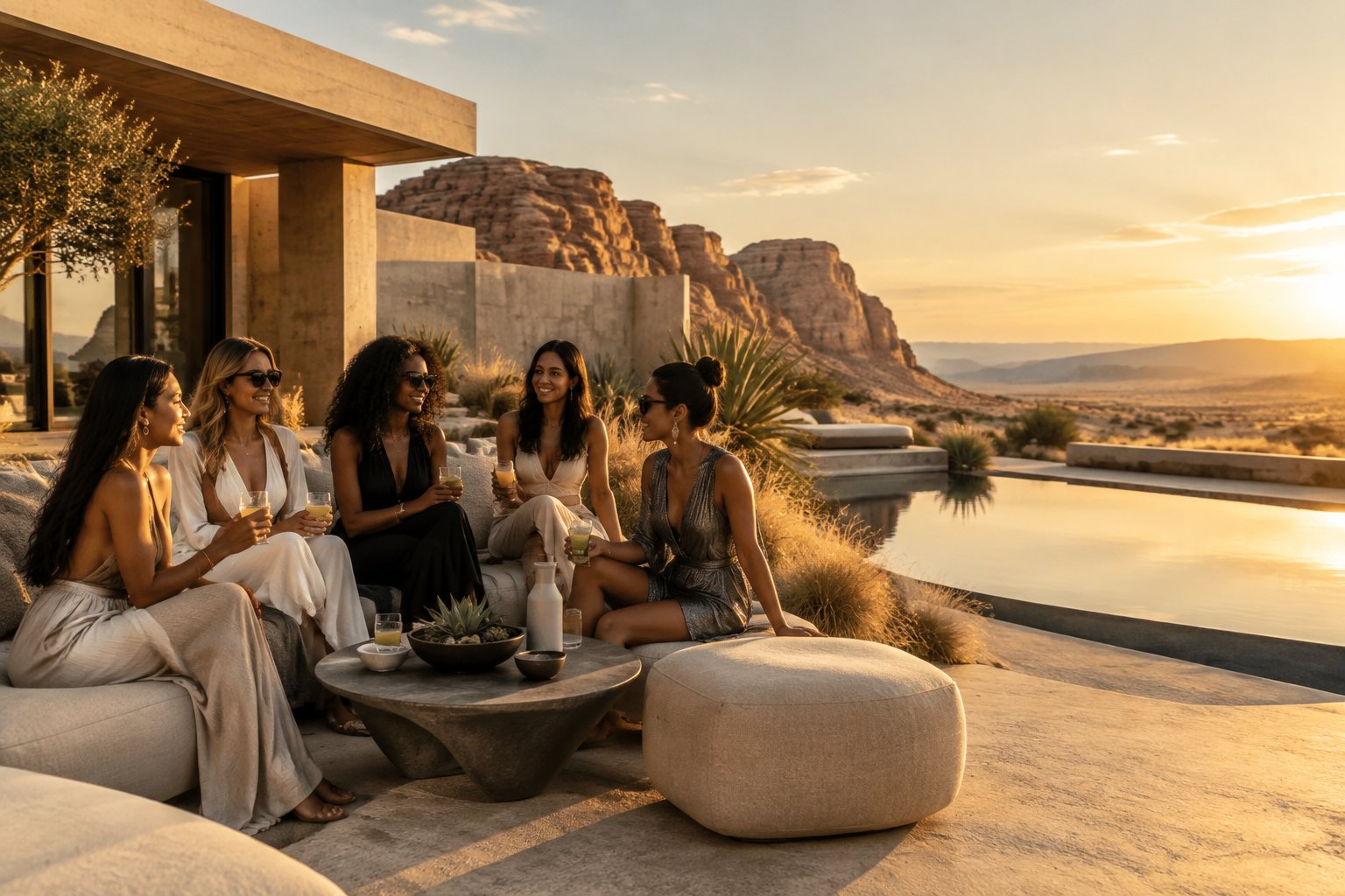 A group of women relax together at a modern desert wellness retreat surrounded by sculptural architecture and sandstone cliffs.