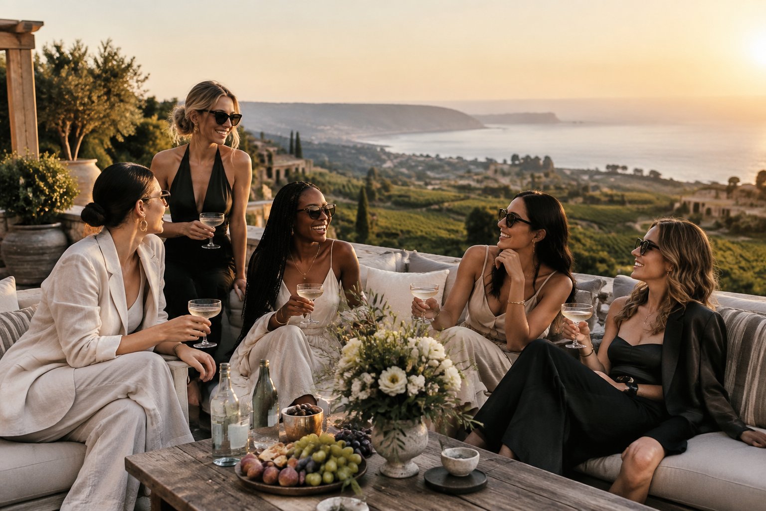 A group of stylish friends celebrating on a terrace overlooking vineyards and the coast.
