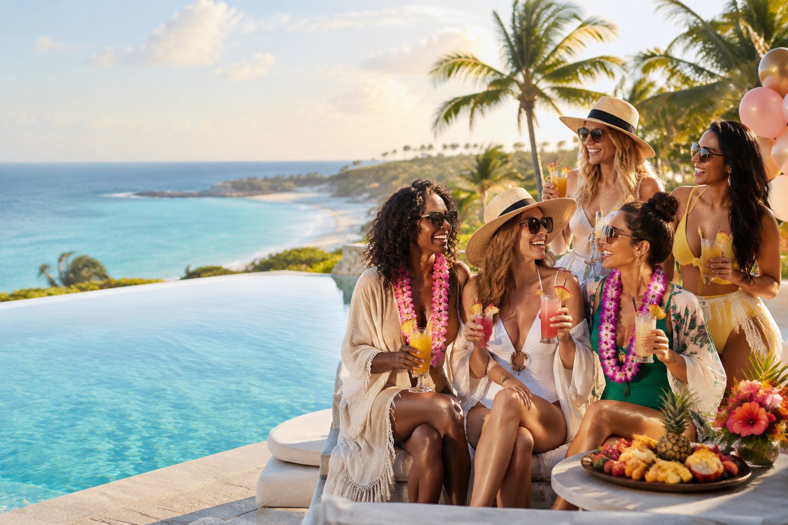 A group of women celebrating beside a pool overlooking a tropical beach.
