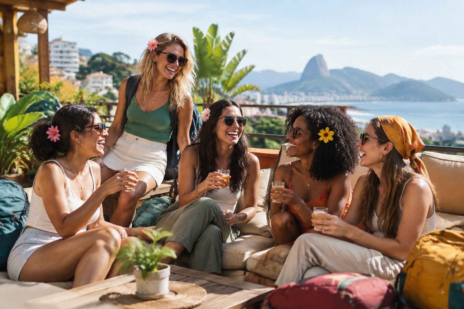 A group of friends celebrating together on the rooftop of a hostel in a scenic travel destination.