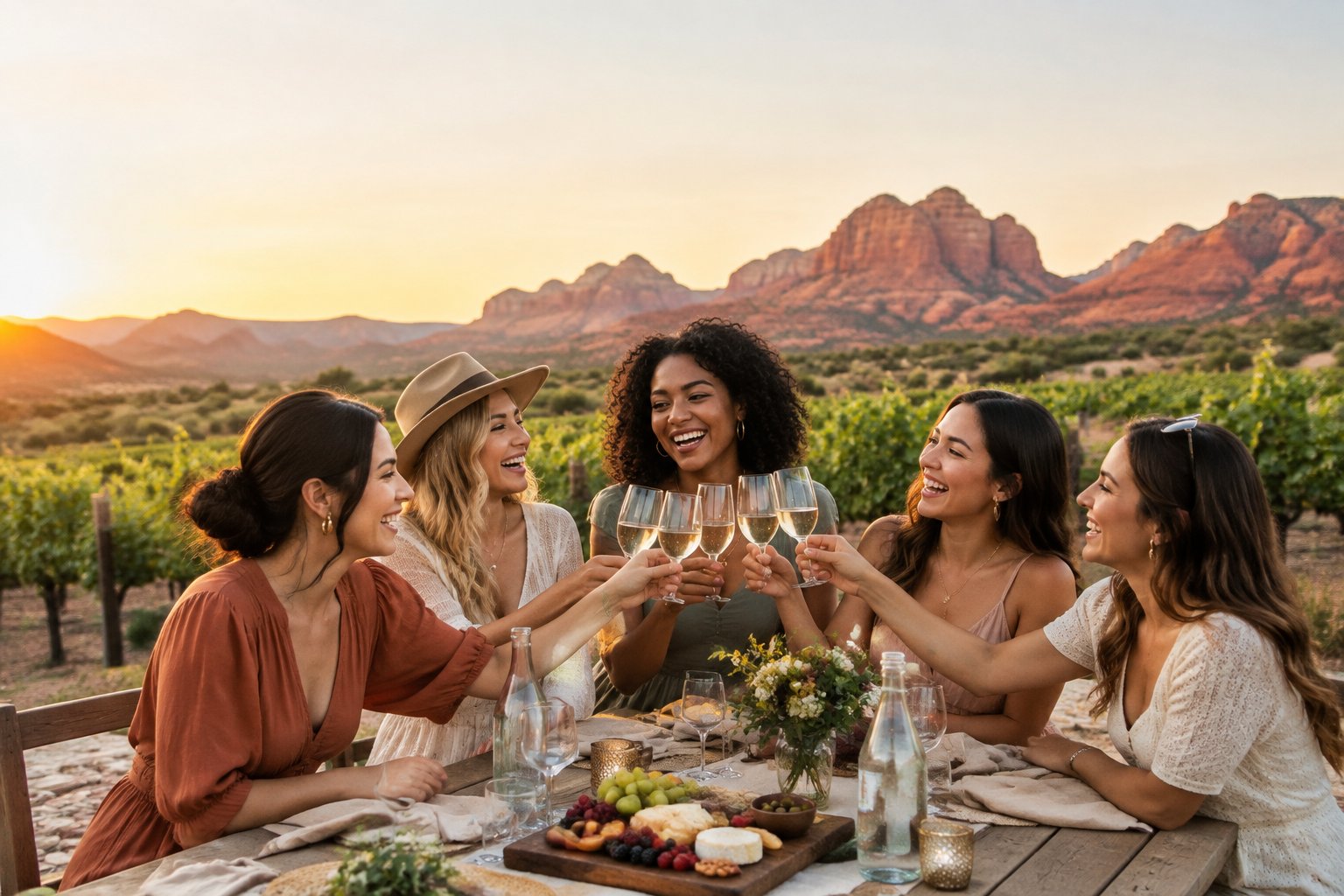 A group of women friends toast together at a desert vineyard picnic with red-rock scenery.