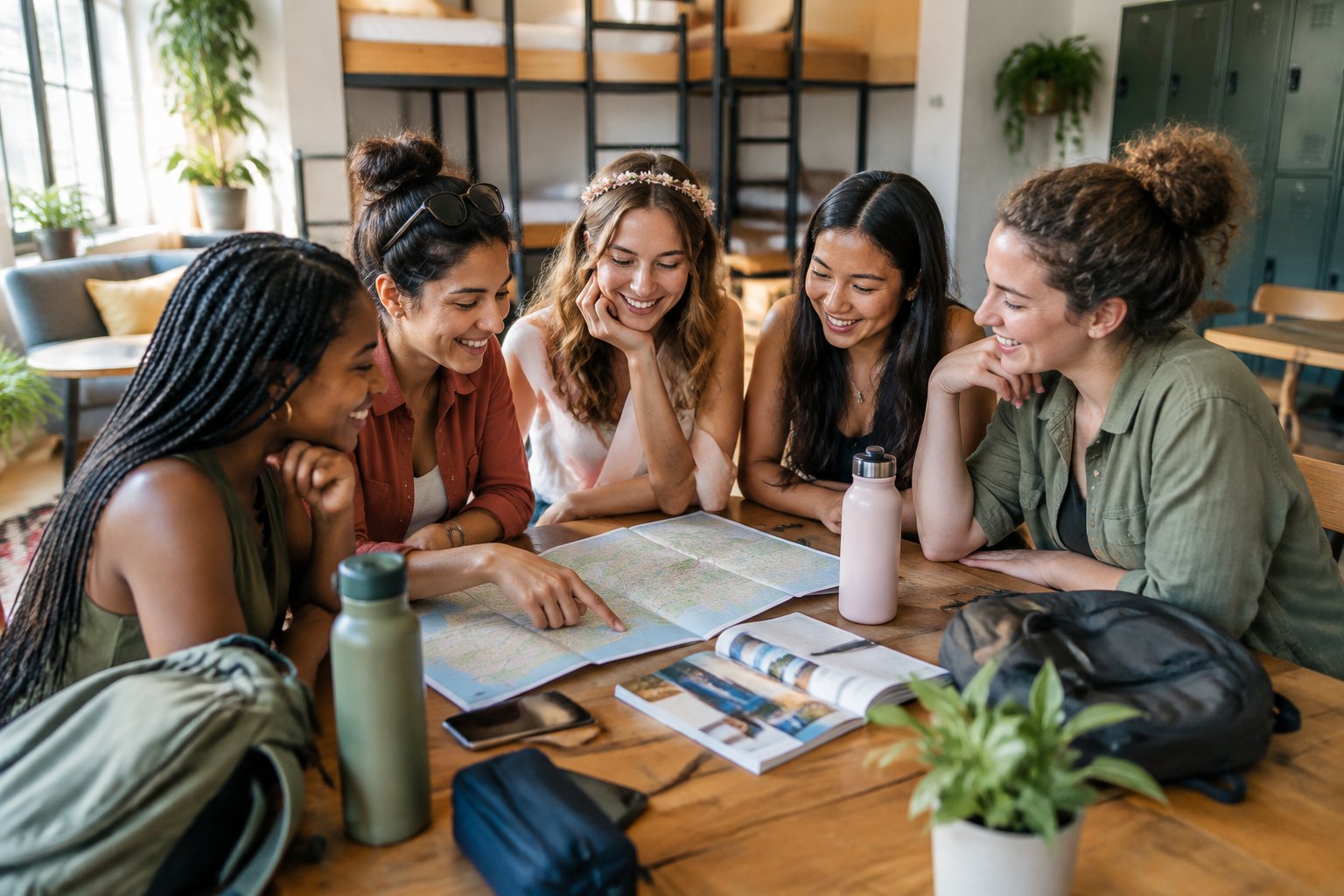 A group of friends plans a bachelorette getaway together in a bright hostel common area.
