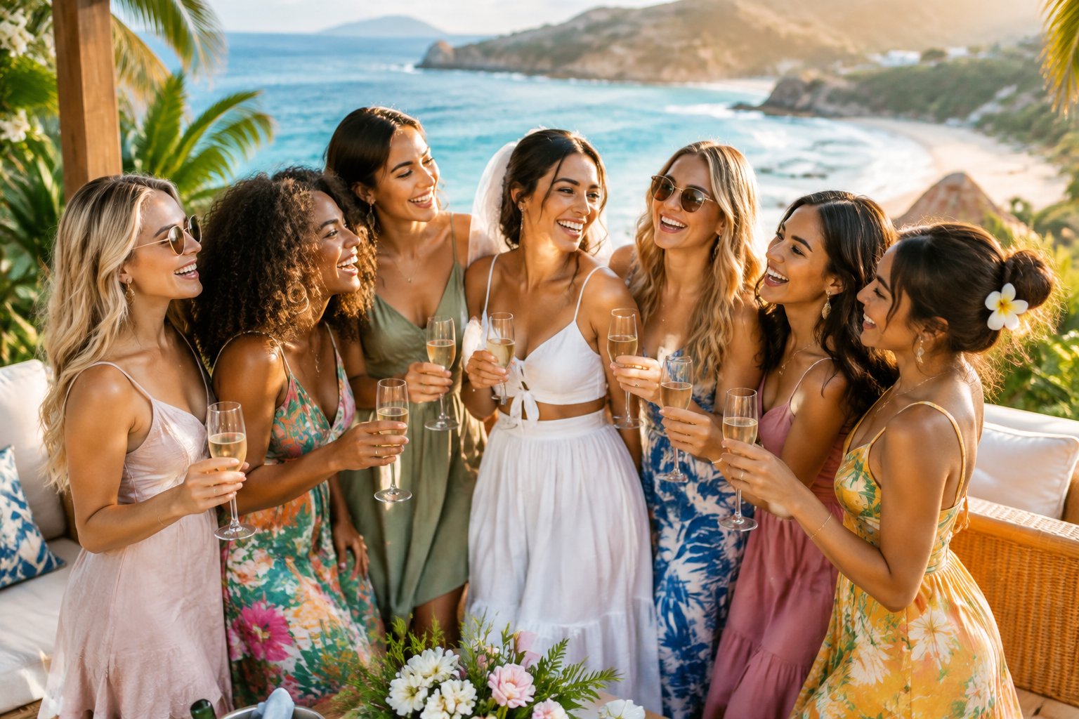 A group of women celebrating a bachelorette party together on a sunny coastal resort terrace.