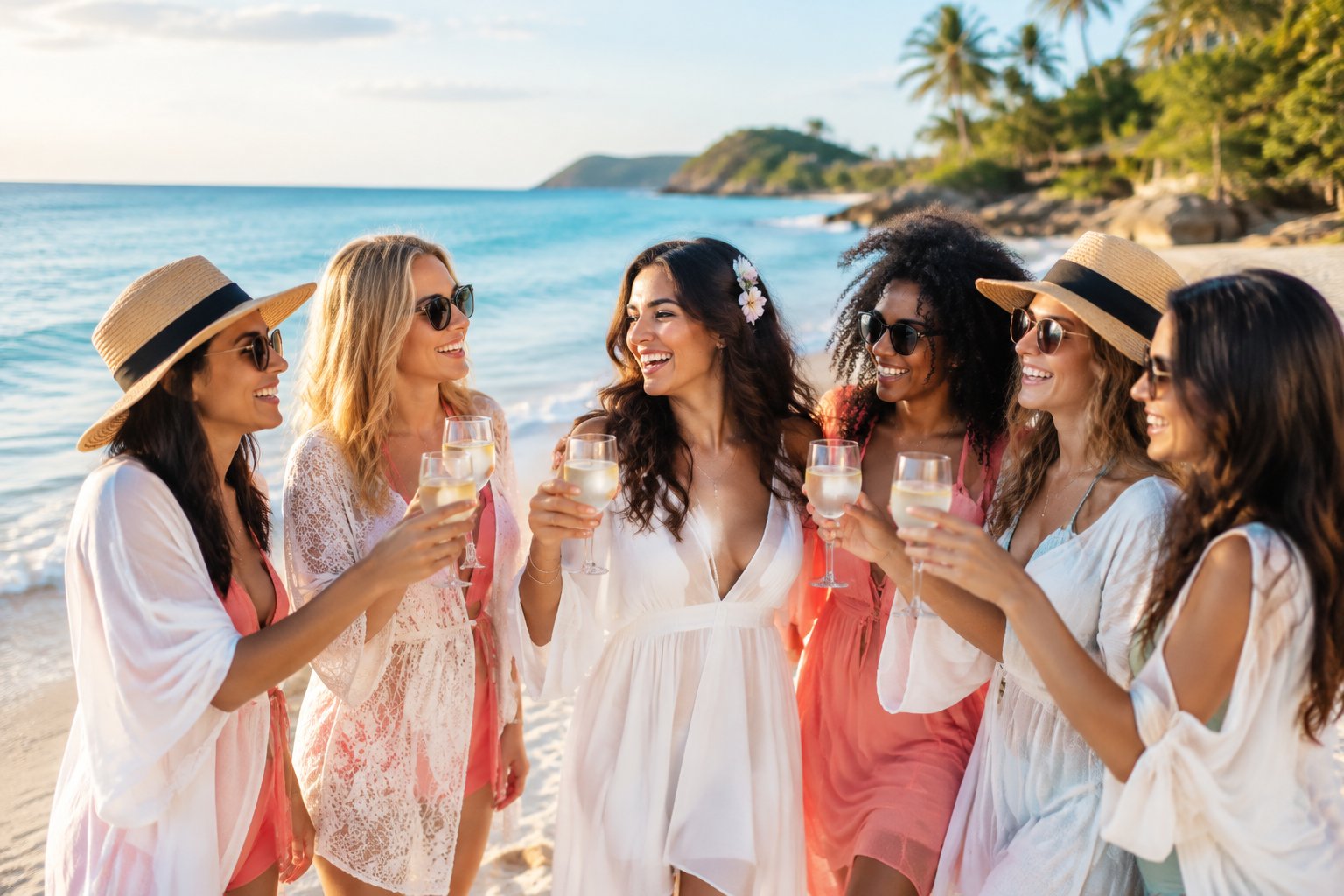 A group of women celebrates a bachelorette party on a sunny tropical beach.