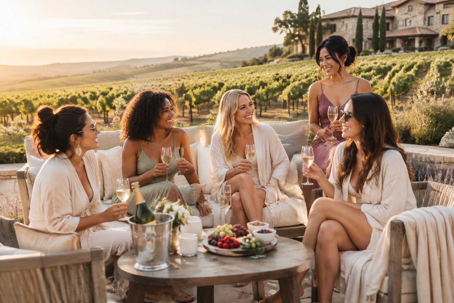 A group of women friends relaxing with wine at a luxurious vineyard spa resort.