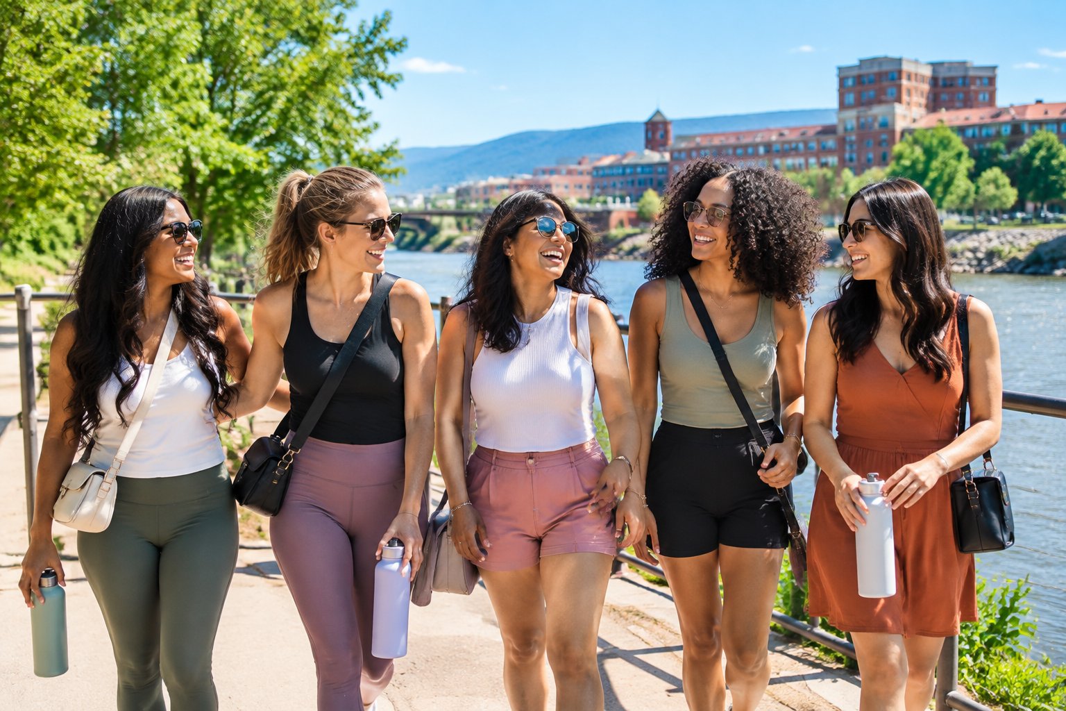 A group of friends enjoys a sunny daytime walk along Pueblo’s scenic riverfront.