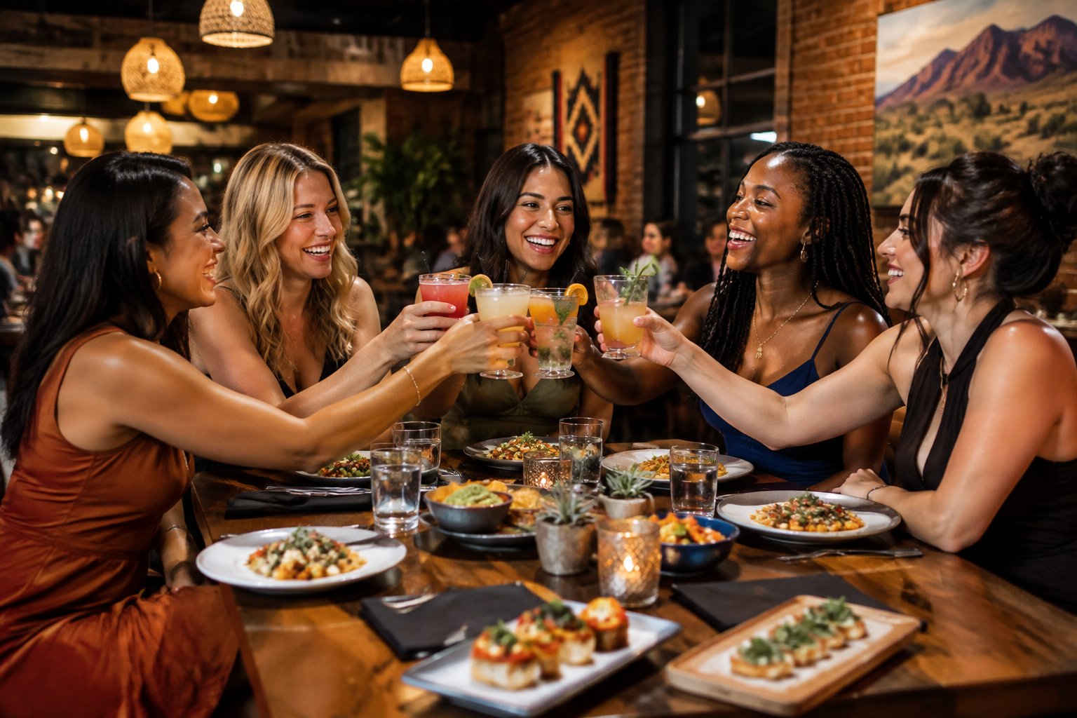 A group of women laughing and celebrating over drinks and dinner in a lively restaurant.
