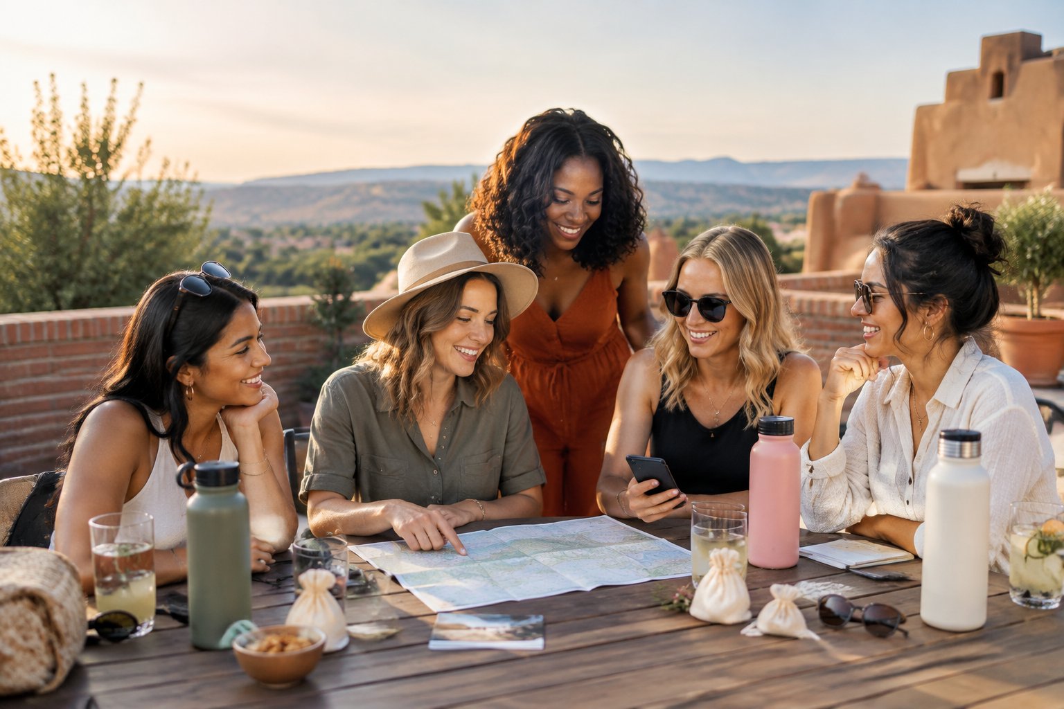 Friends planning a bachelorette weekend together on a sunny Pueblo patio.