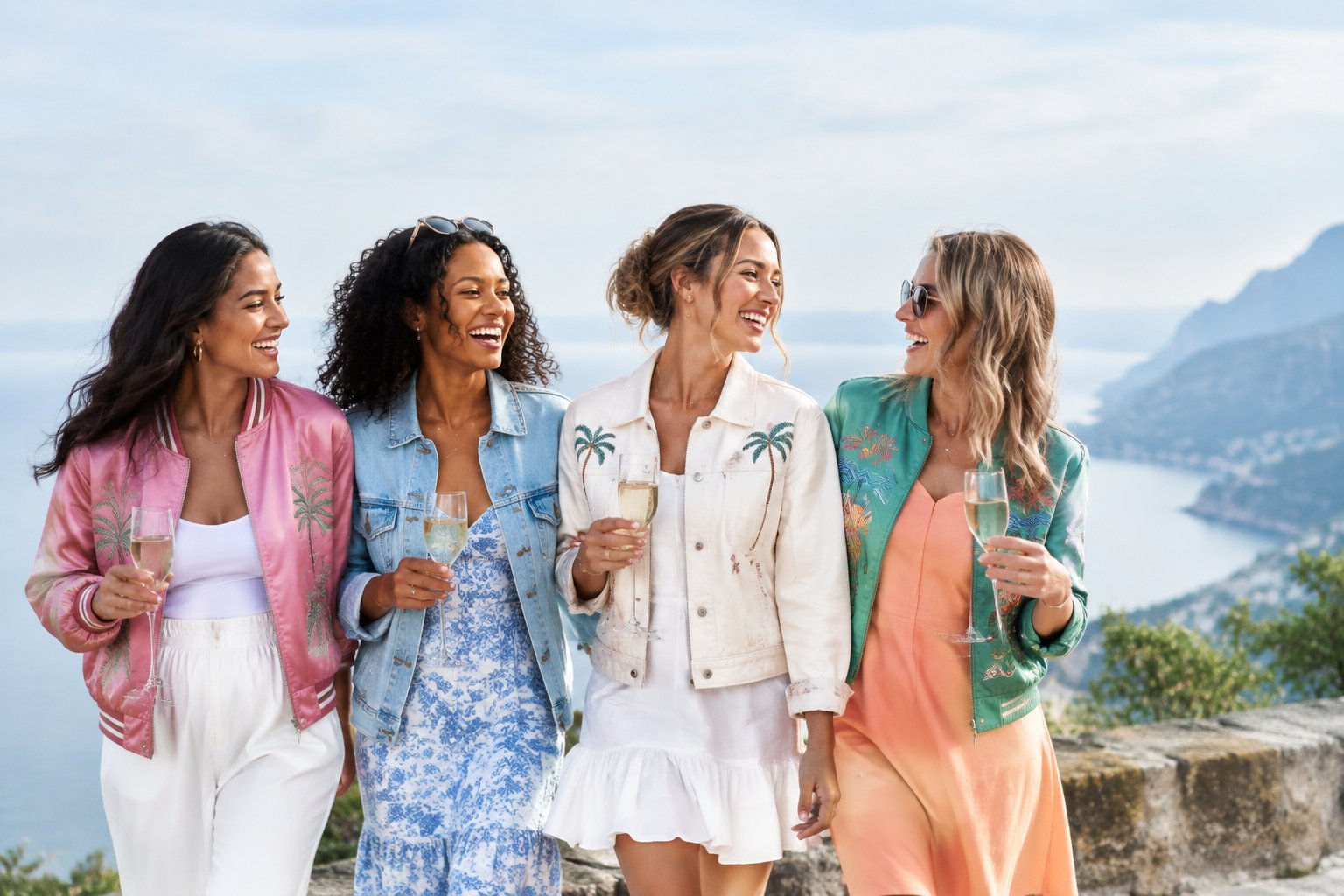 A group of women wearing coordinated colorful jackets celebrate together at a scenic vacation destination.