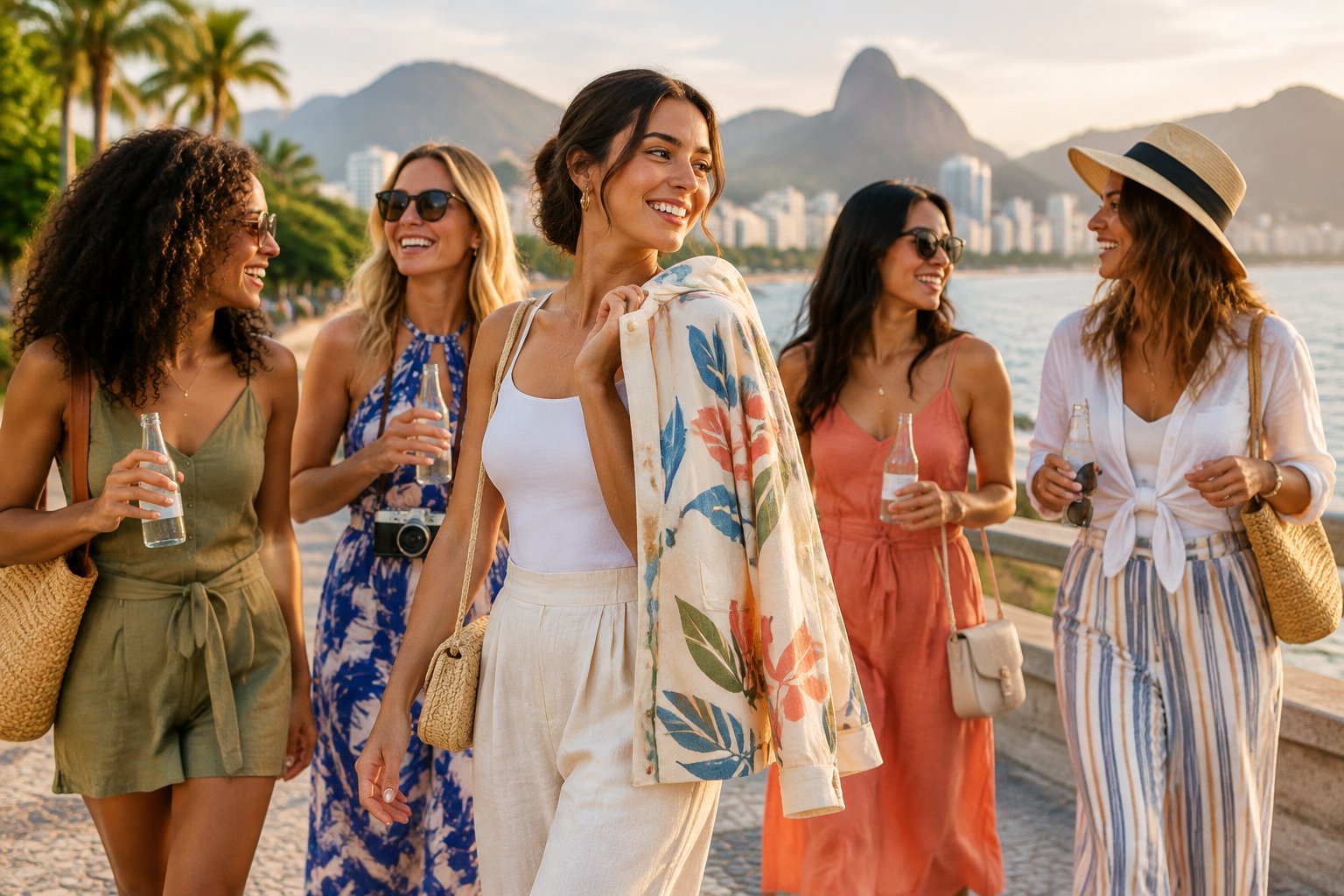 A group of women friends celebrating together on a sunny seaside promenade, with one woman wearing a stylish jacket.