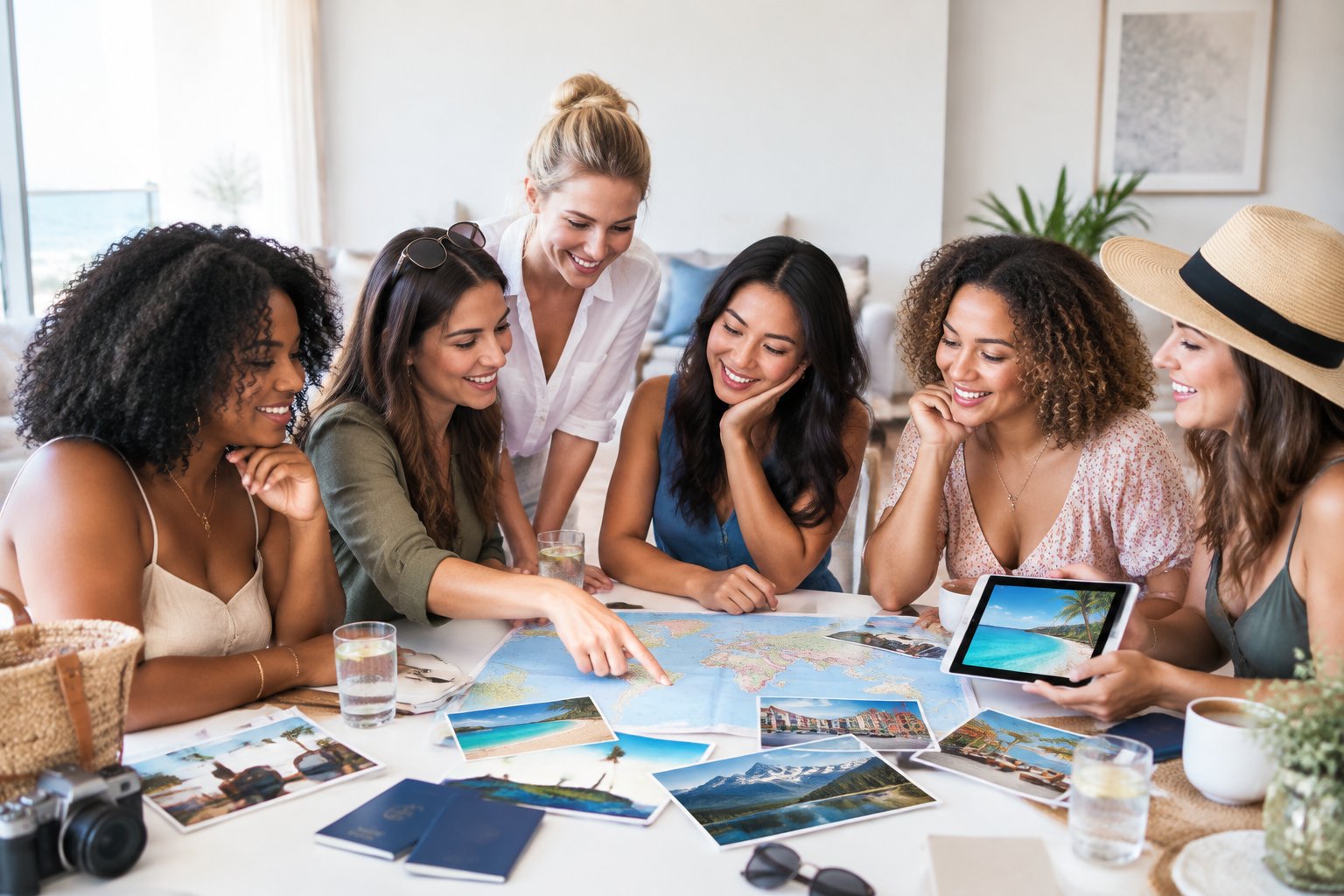 A group of diverse women compares travel ideas around a table while planning a bachelorette party.