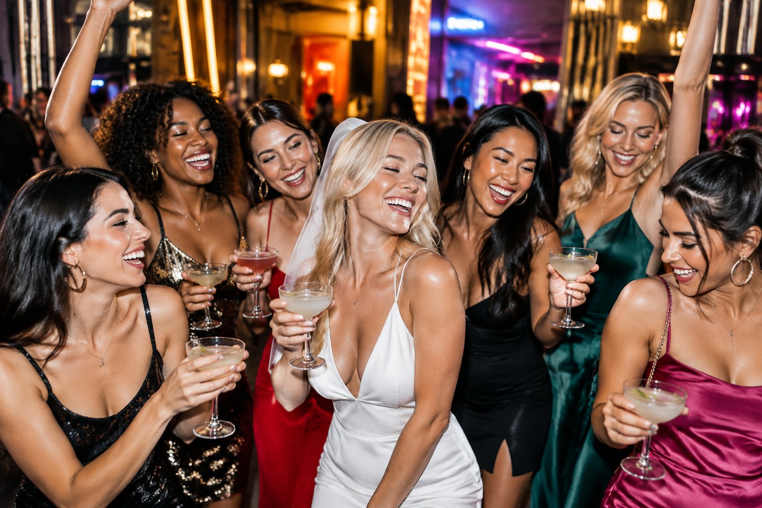 A group of women laughing and celebrating together outside a brightly lit nightlife venue.