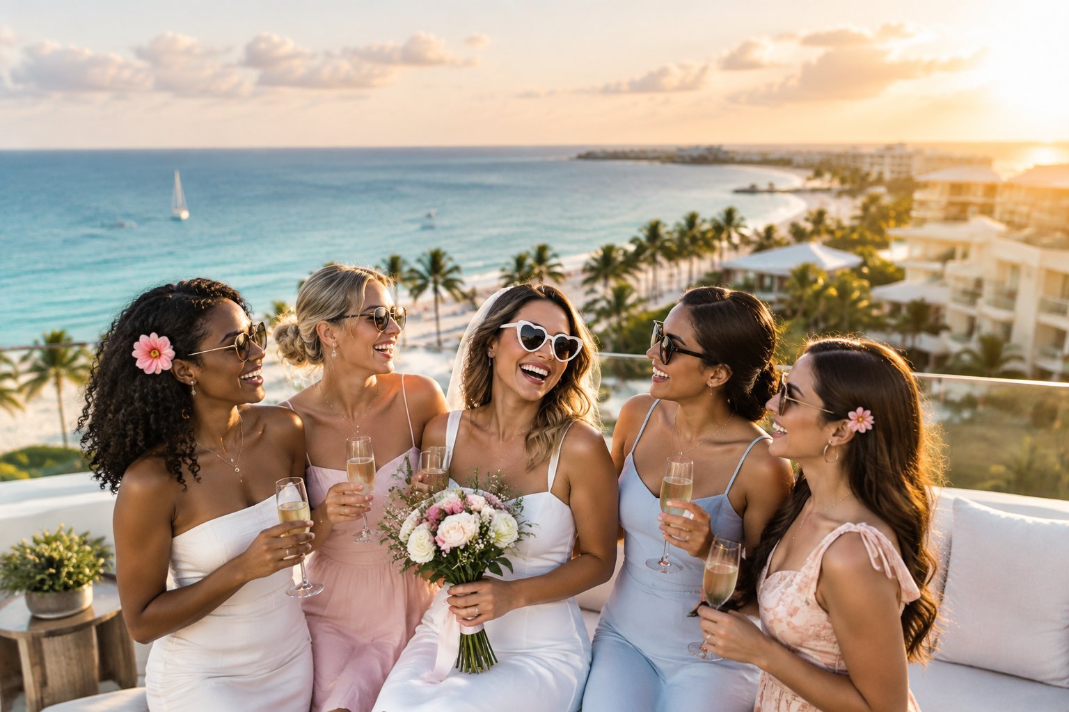 A group of friends celebrates on a rooftop terrace overlooking a tropical beach.