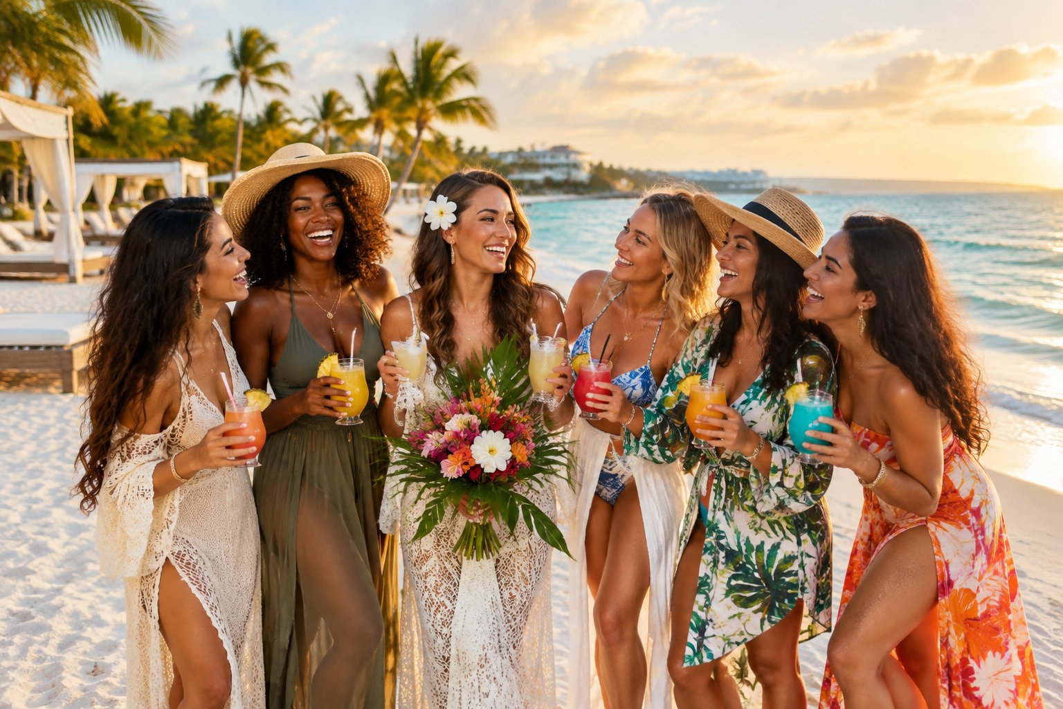 A group of women celebrates together on a tropical beach at an all-inclusive resort.