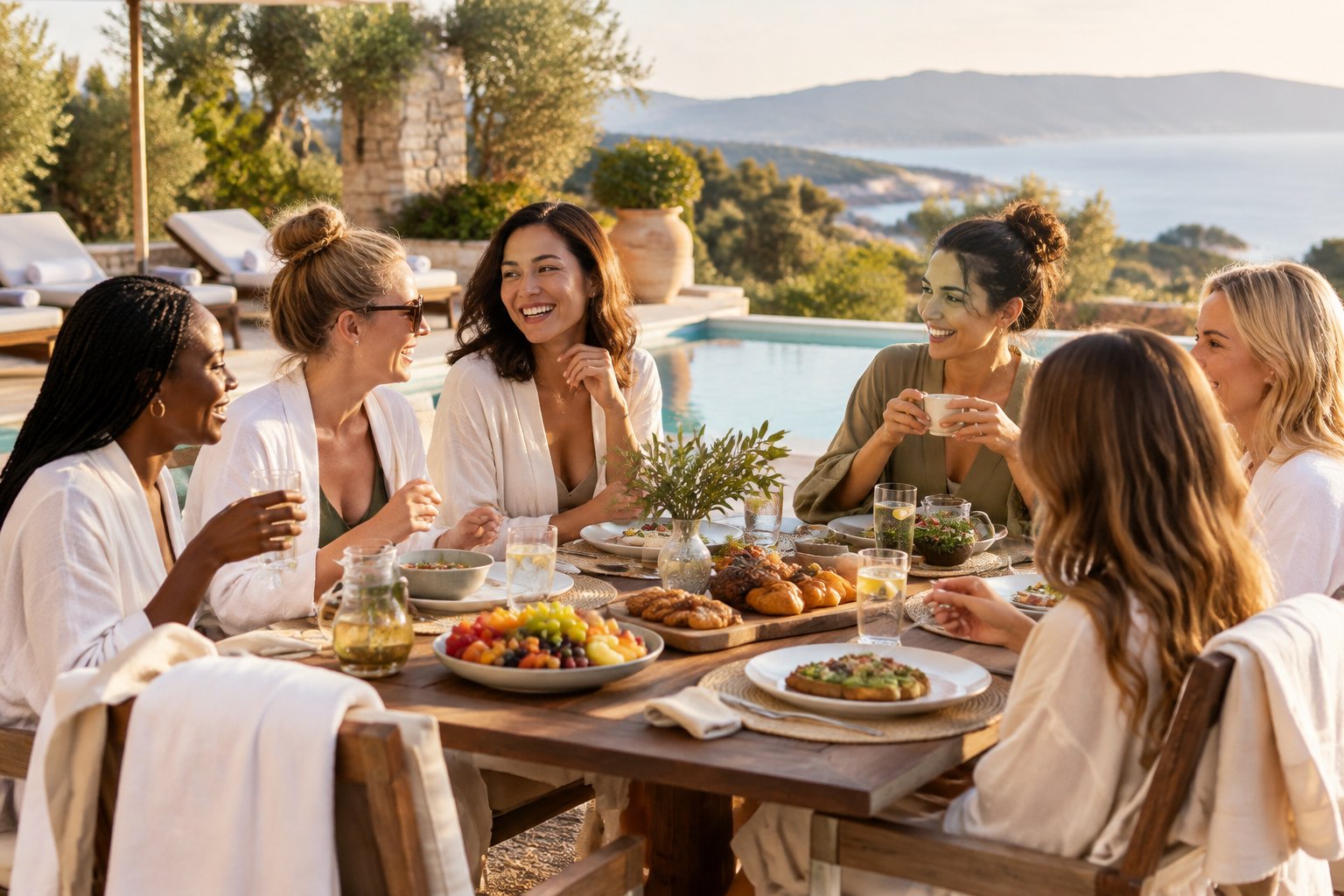 A group of friends relaxes together at a sunny resort spa while enjoying food beside a pool.