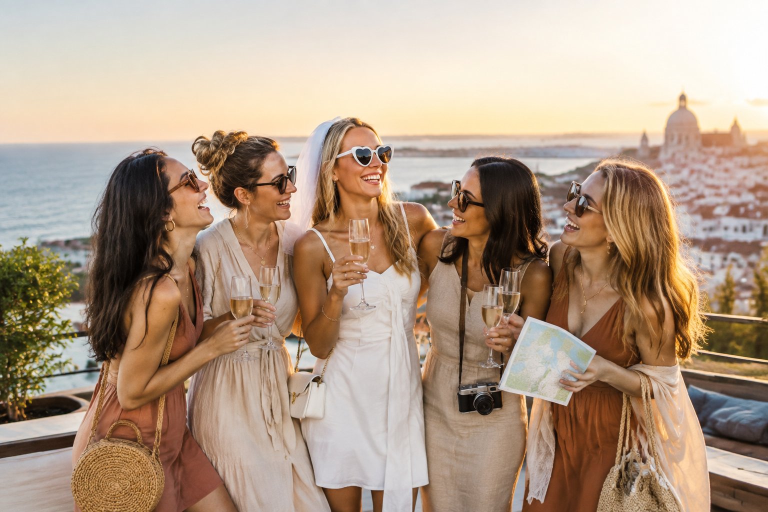 A bride-to-be and her friends celebrate together on a rooftop overlooking a coastal city.