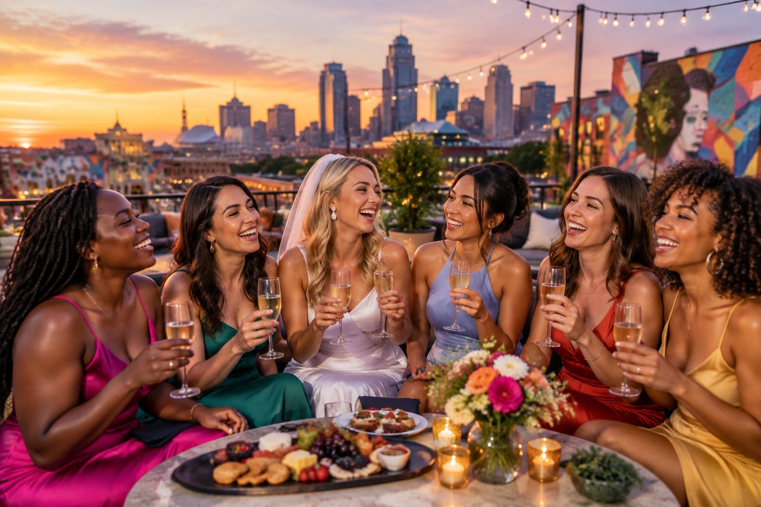 A group of friends celebrating together on a rooftop patio in Kansas City.