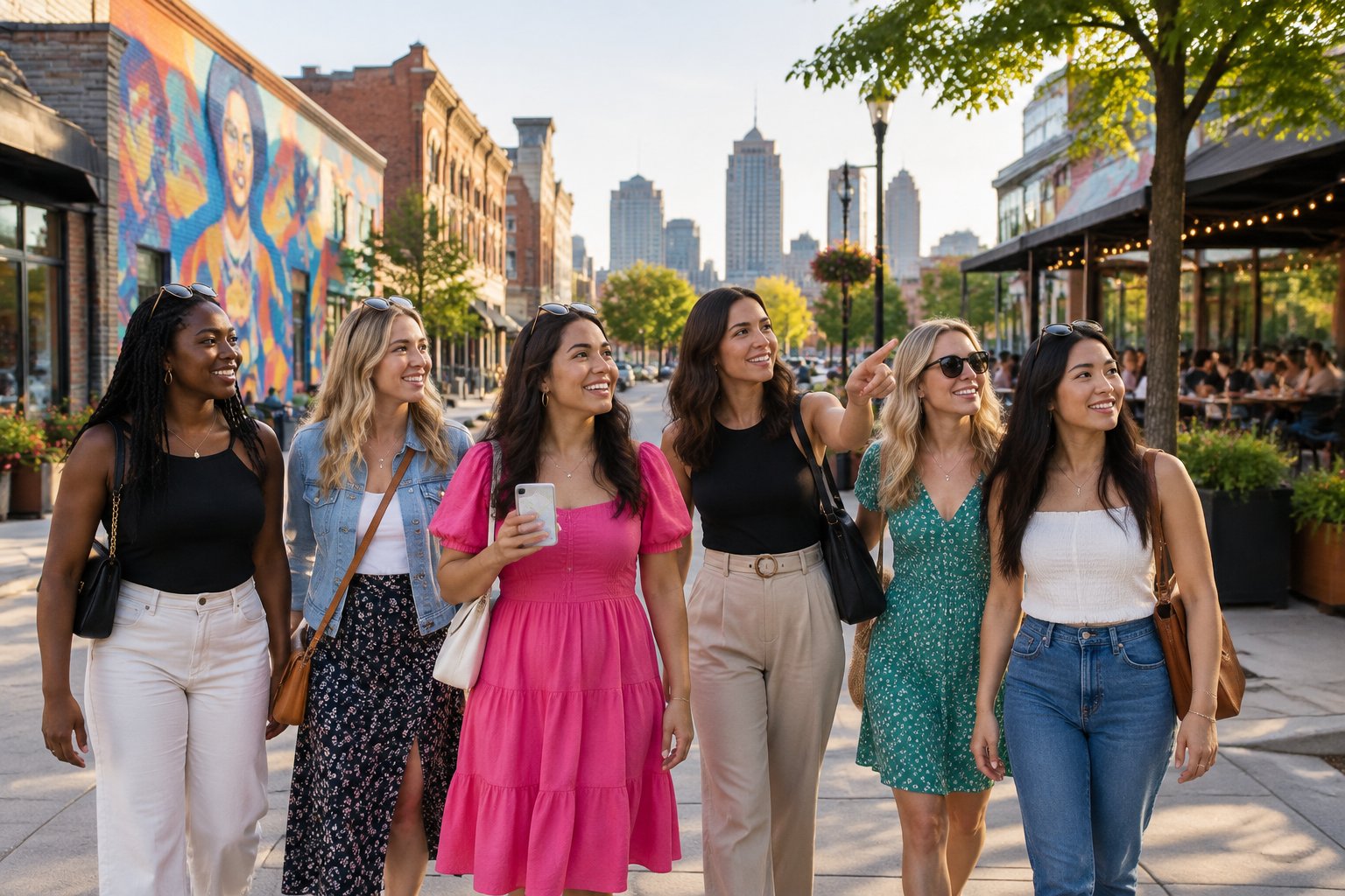 A group of women explores a lively Kansas City neighborhood while planning a bachelorette celebration.