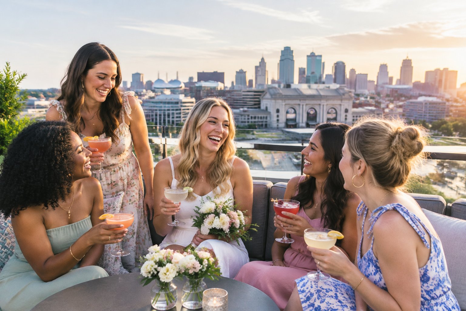 A group of women celebrating together on a rooftop overlooking Kansas City.