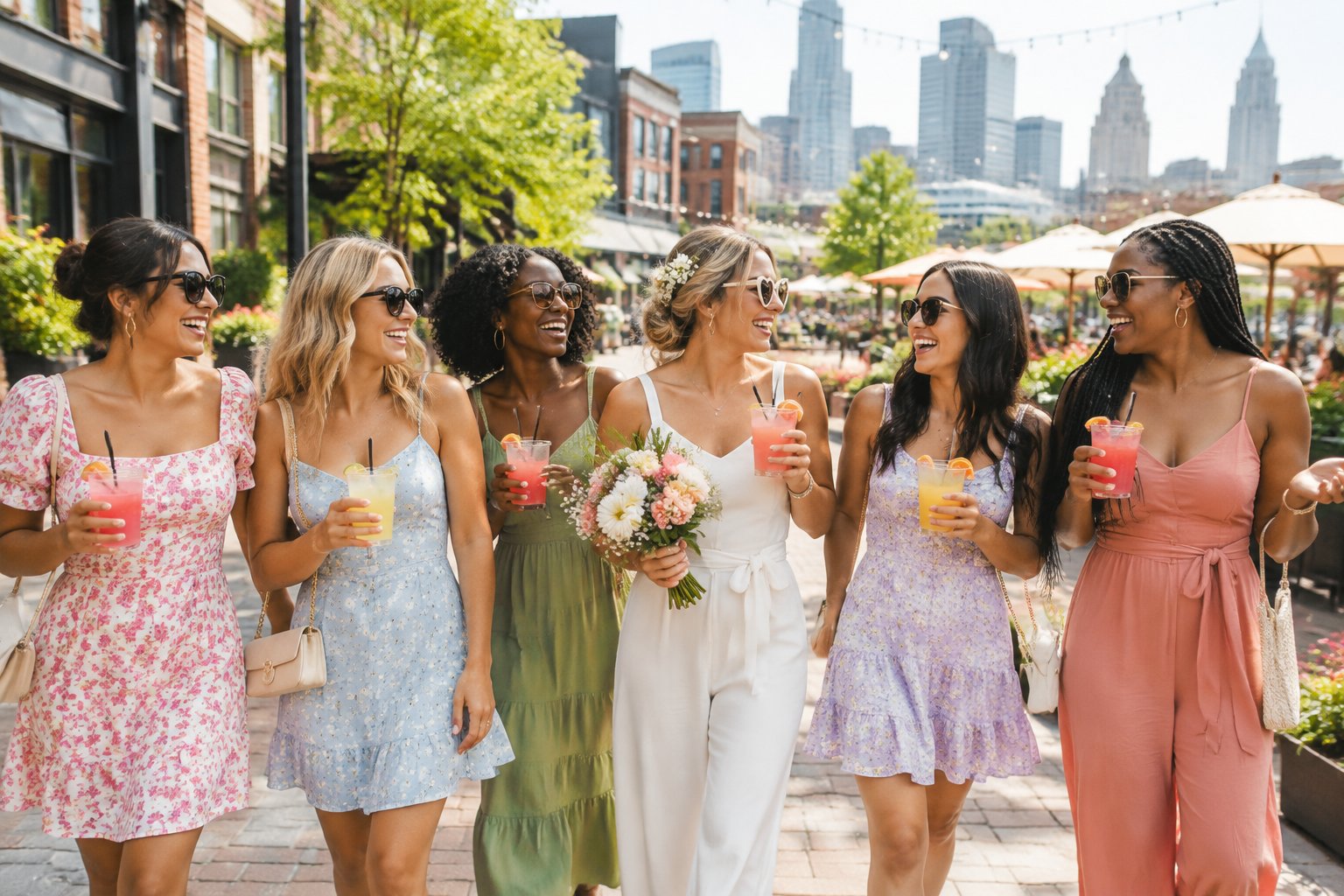 A bride and her friends enjoy a sunny daytime outing together in a lively Kansas City pedestrian district.