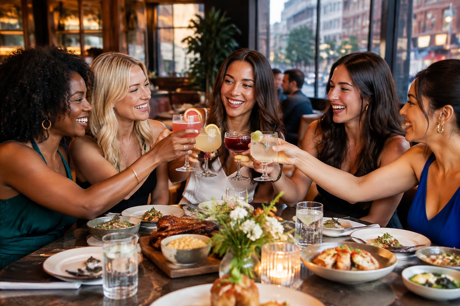 A group of women celebrating over cocktails and shared dishes at a Kansas City restaurant.