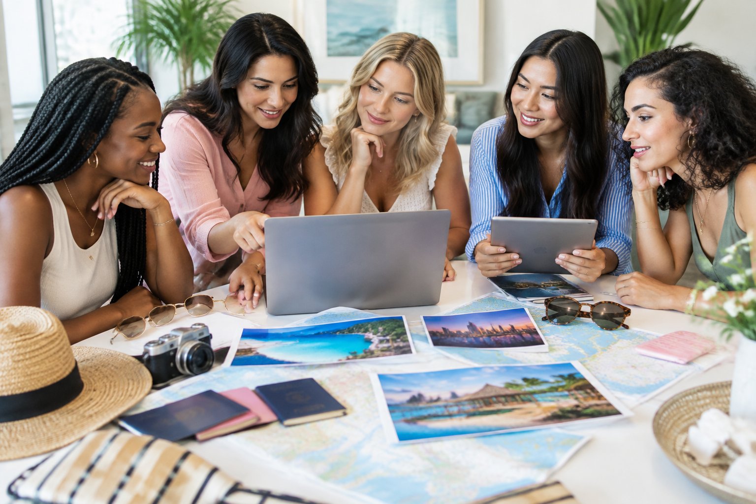 A group of friends compares travel options while planning a bachelorette celebration.