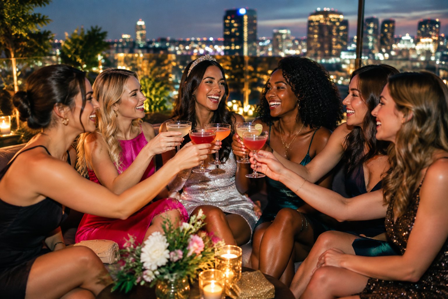 A group of women celebrating together at an upscale rooftop lounge overlooking a city at night.