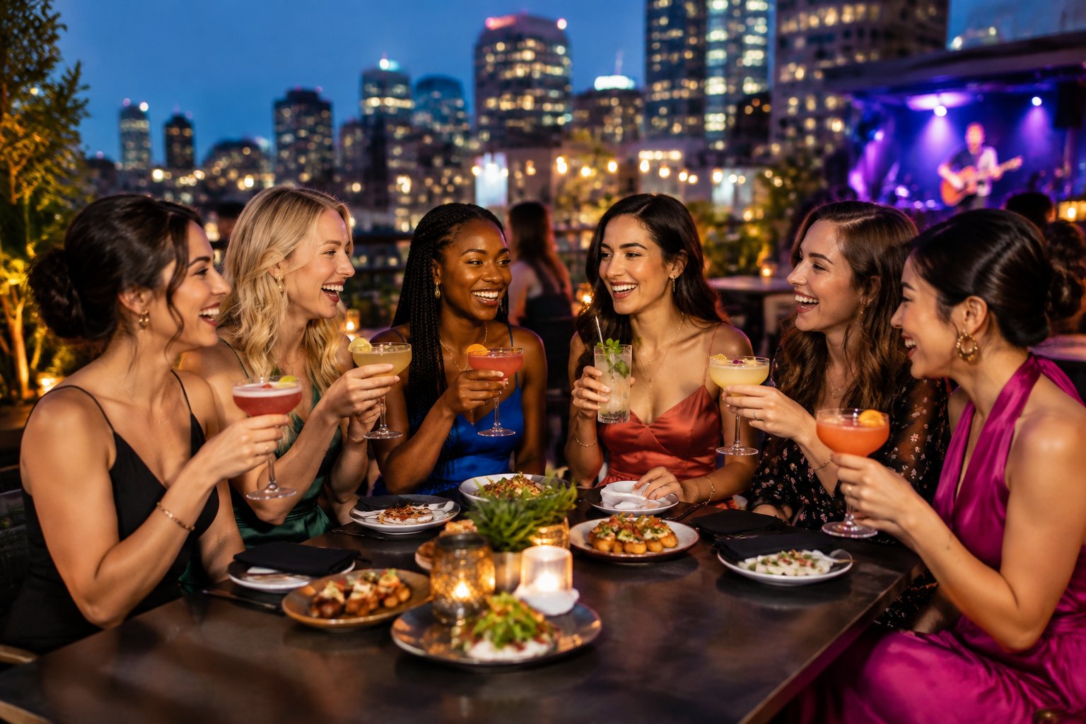 A diverse group of women friends enjoying food and drinks together at a lively rooftop restaurant at night.