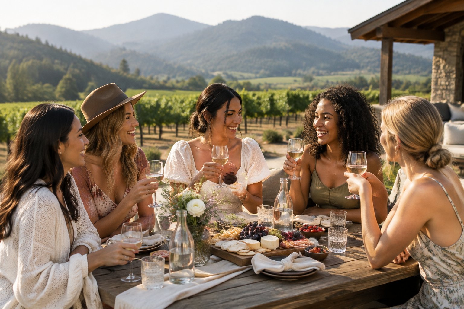 A group of friends celebrates at a vineyard retreat surrounded by mountains.