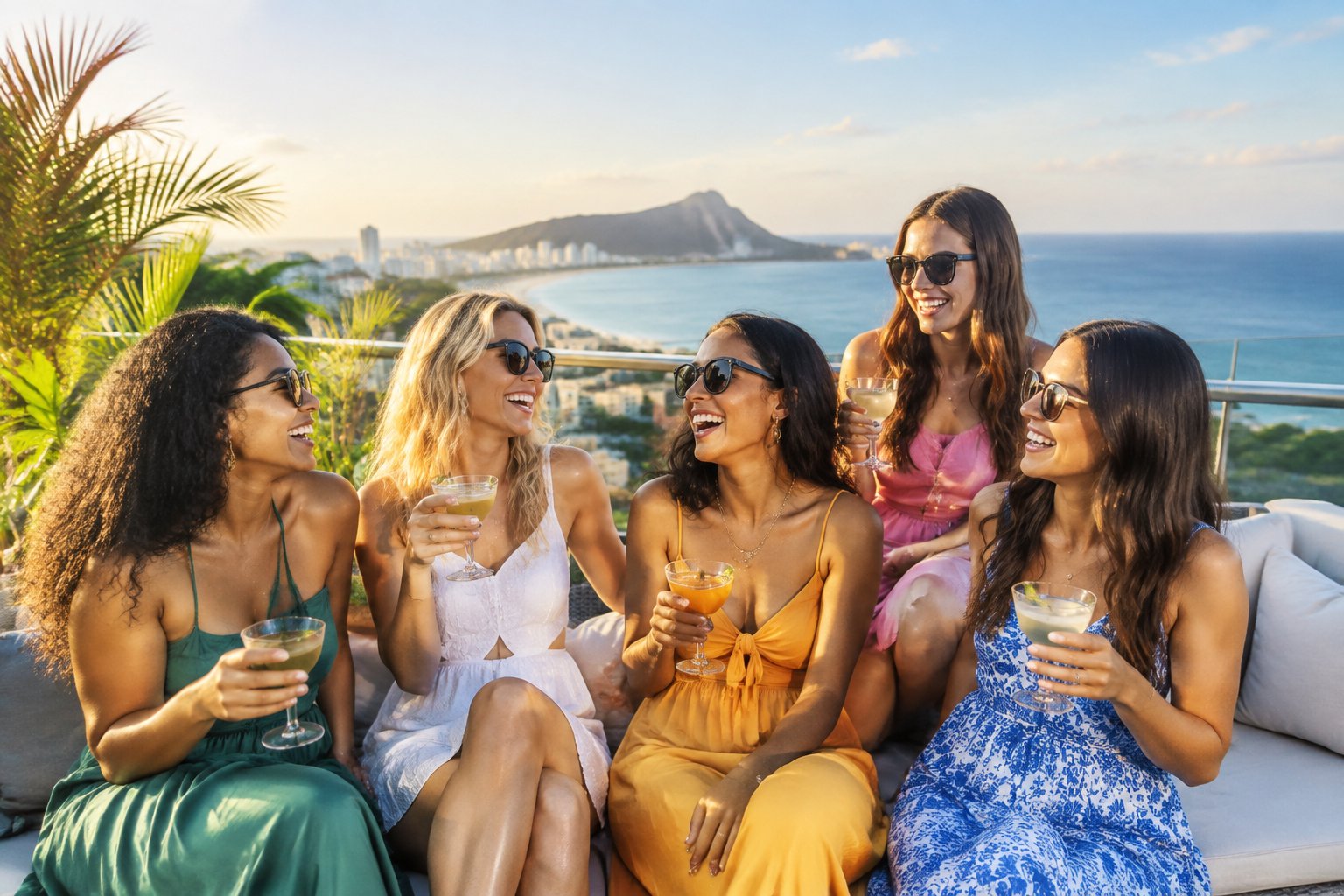 A group of friends celebrating together on a rooftop terrace overlooking a sunny coastal city and ocean.