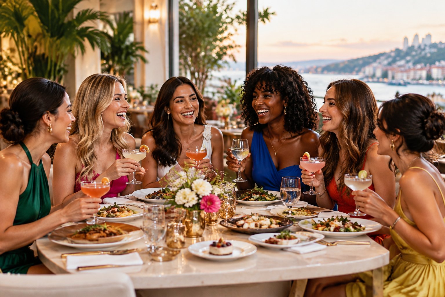 A group of women celebrating a bachelorette party over dinner at an elegant restaurant.