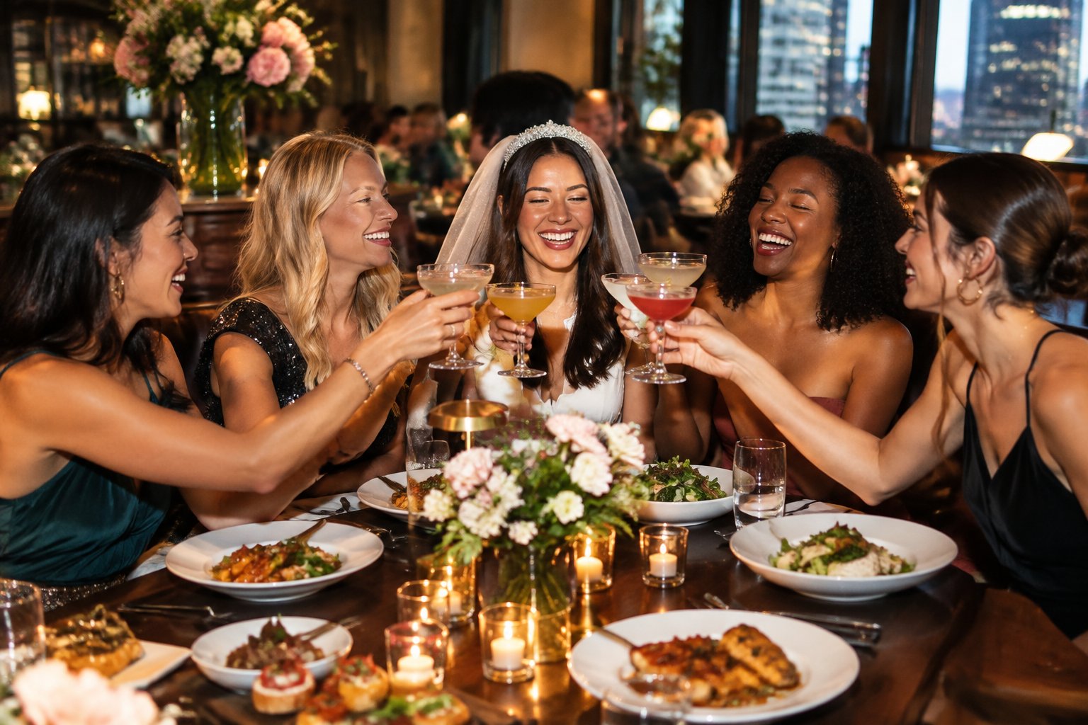 A group of women celebrating together over dinner at a stylish restaurant.