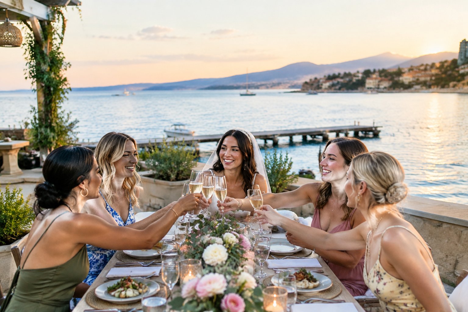 A group of women enjoying a celebratory dinner at a waterfront restaurant overlooking the coast.