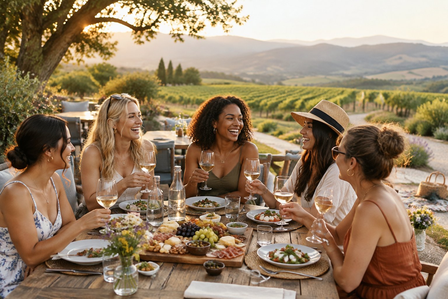 A group of women share wine and food on a vineyard restaurant terrace surrounded by scenic hills.