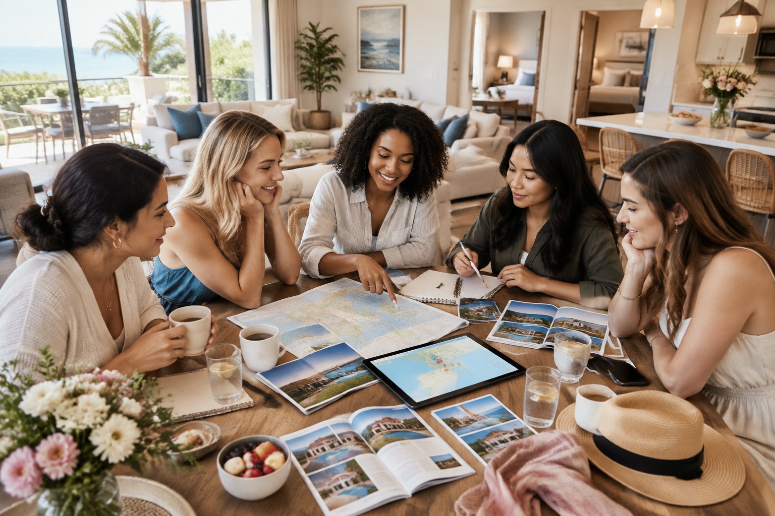 A group of women compares maps and vacation home options around a table in a bright rental house.