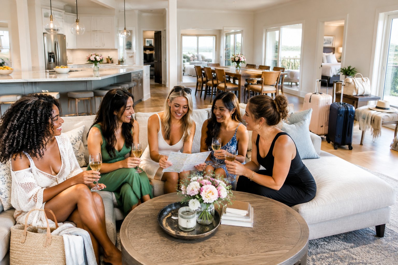 A group of women relaxing and planning a celebration in a spacious vacation rental home.