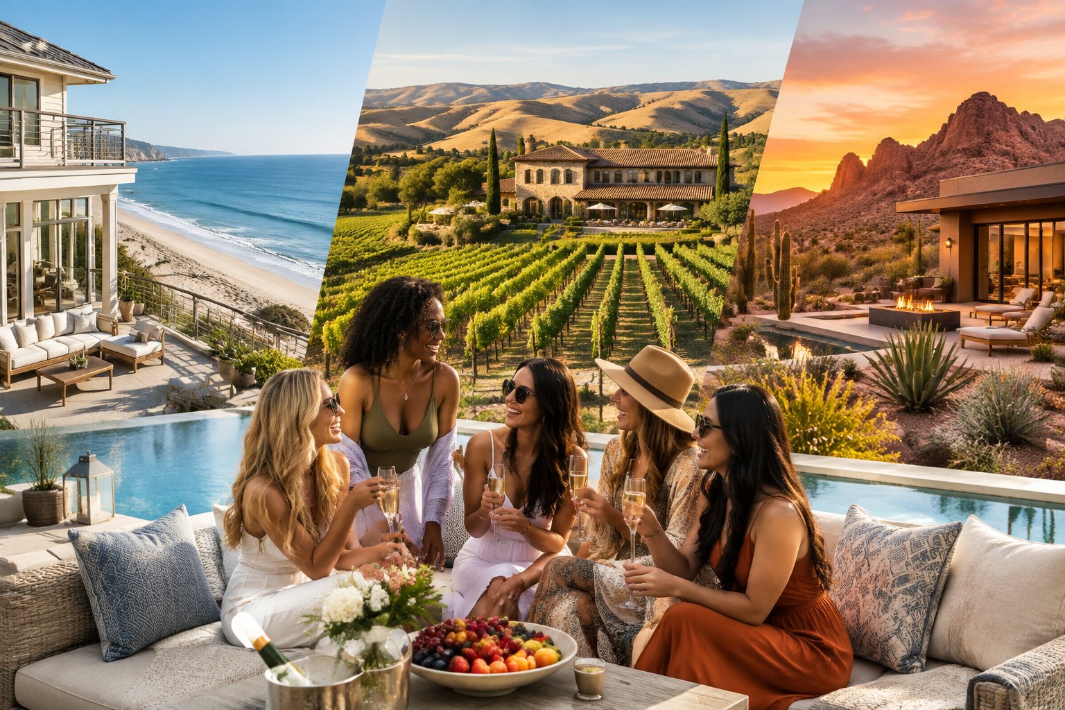 Friends gather outside stylish vacation homes in beach, vineyard, and desert settings.