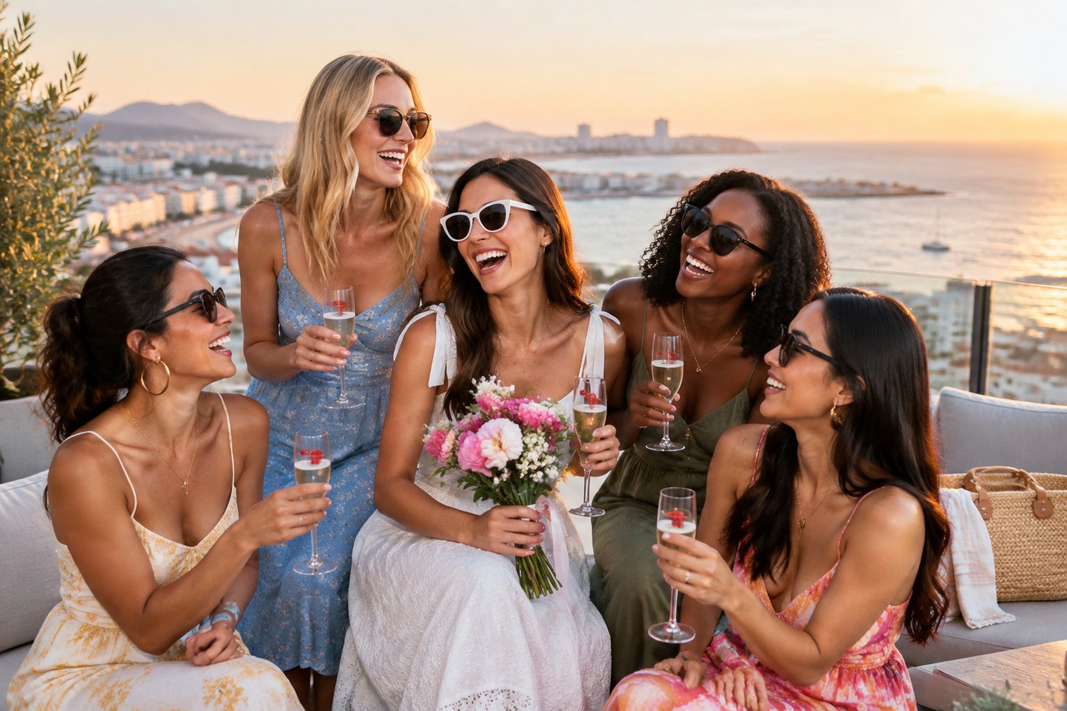 A group of friends celebrating together on a sunny rooftop overlooking a coastal city and ocean.